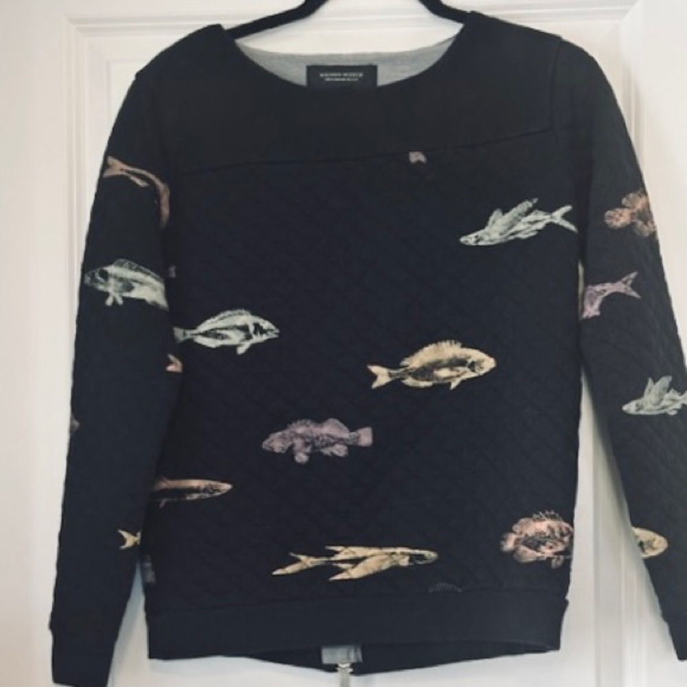 MAISON SCOTCH Top Quilted Black Pink Green Fishes L/S Exposed Zip Sz 2 S/M